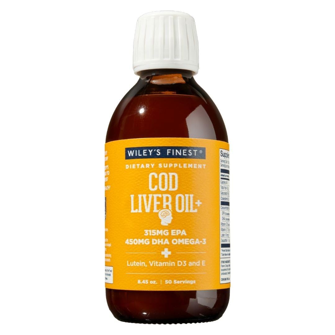 Wiley's Finest orange cod liver oil bottle for easy daily omega-3 intake