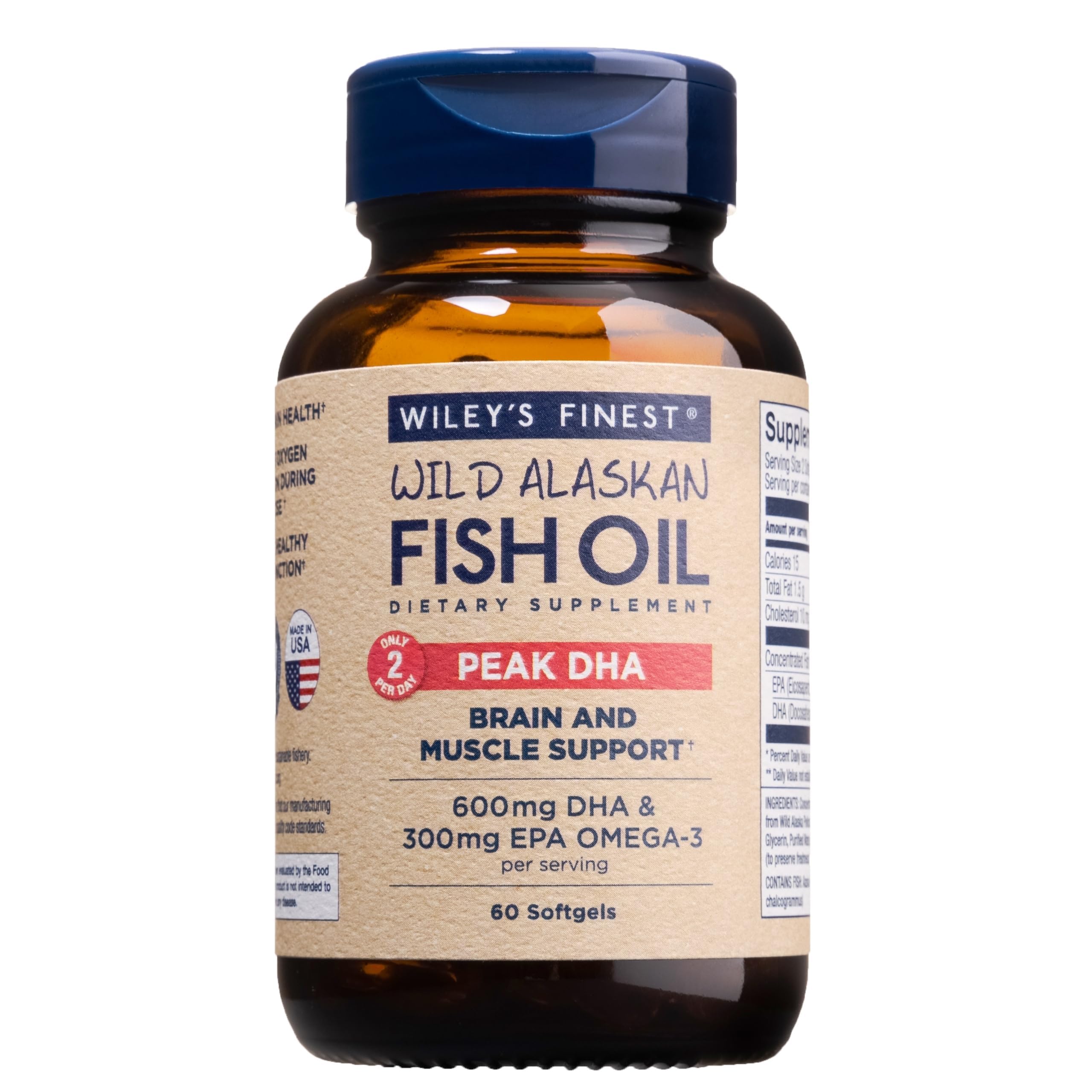 Wiley's Finest Peak DHA bottle with pour cap for easy daily omega-3 intake.