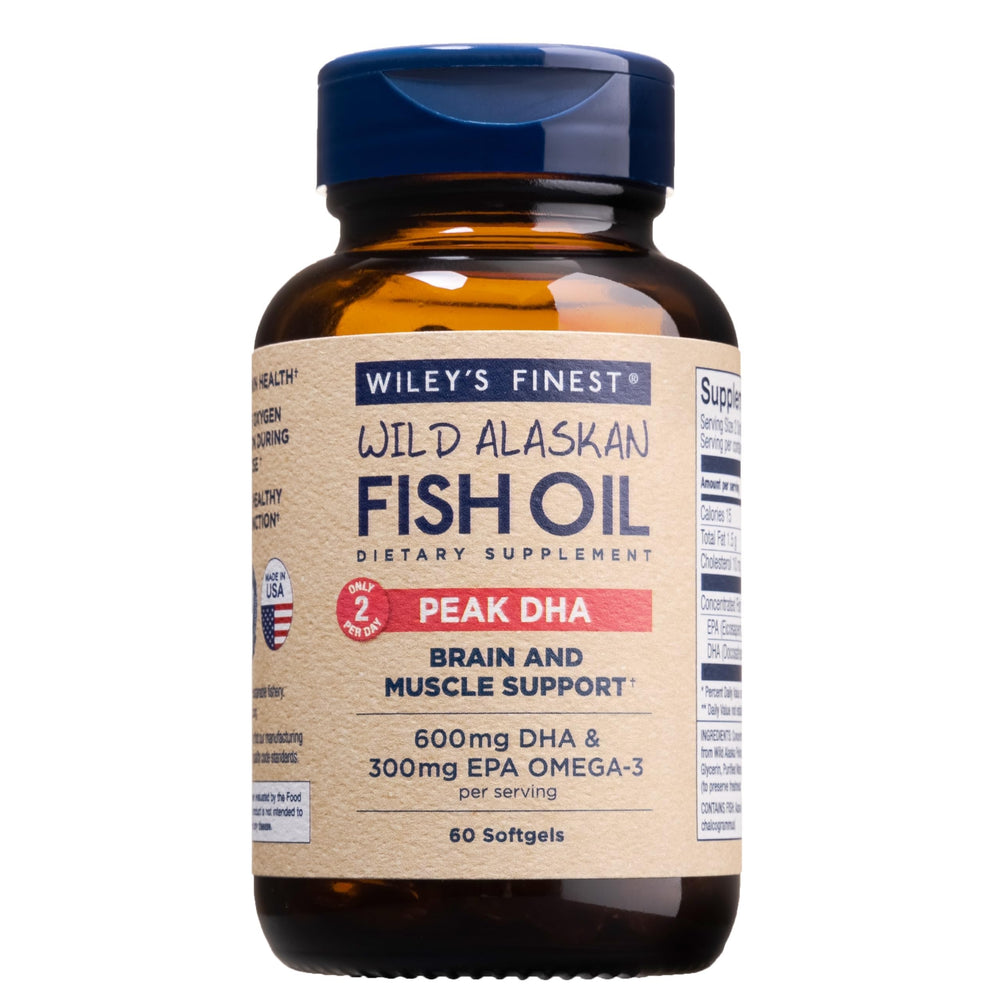 Wiley's Finest Peak DHA bottle with pour cap for easy daily omega-3 intake.