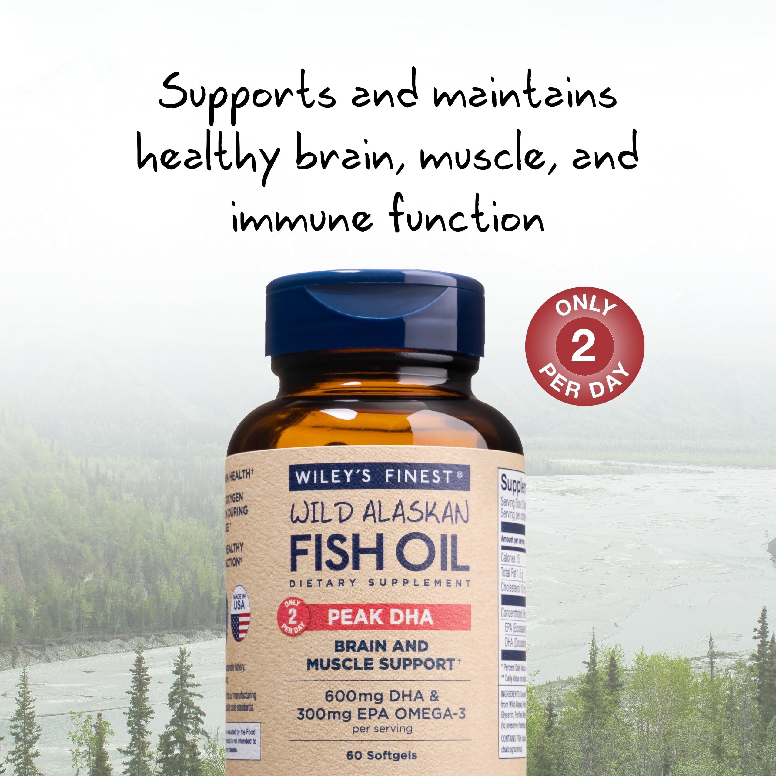 Wiley's Finest Peak DHA label emphasizes purity, potency, and third-party testing.