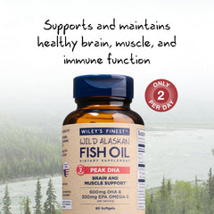 Wiley's Finest Peak DHA label emphasizes purity, potency, and third-party testing.