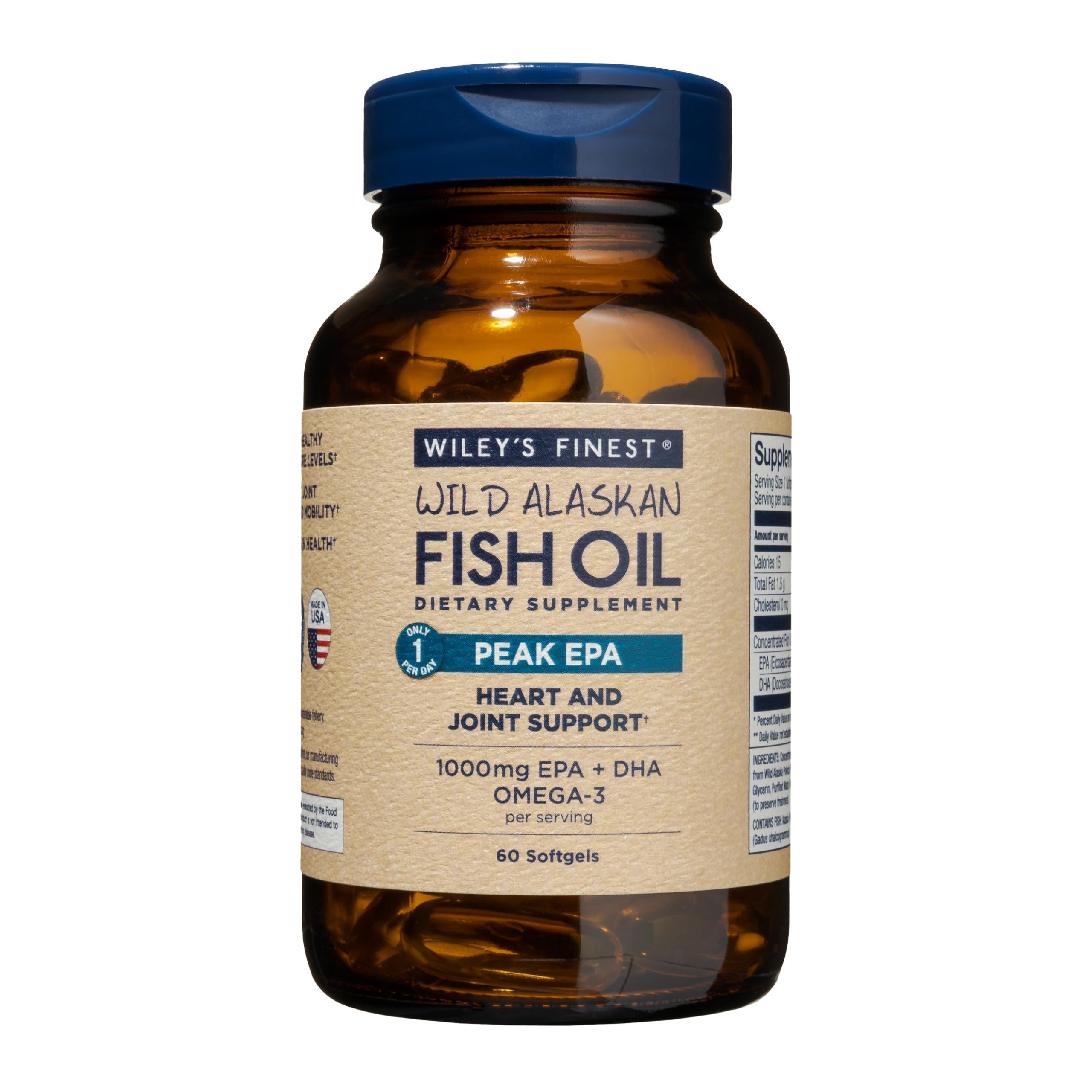 Wiley's Finest Peak EPA bottle with 60 softgels for daily omega-3 support.