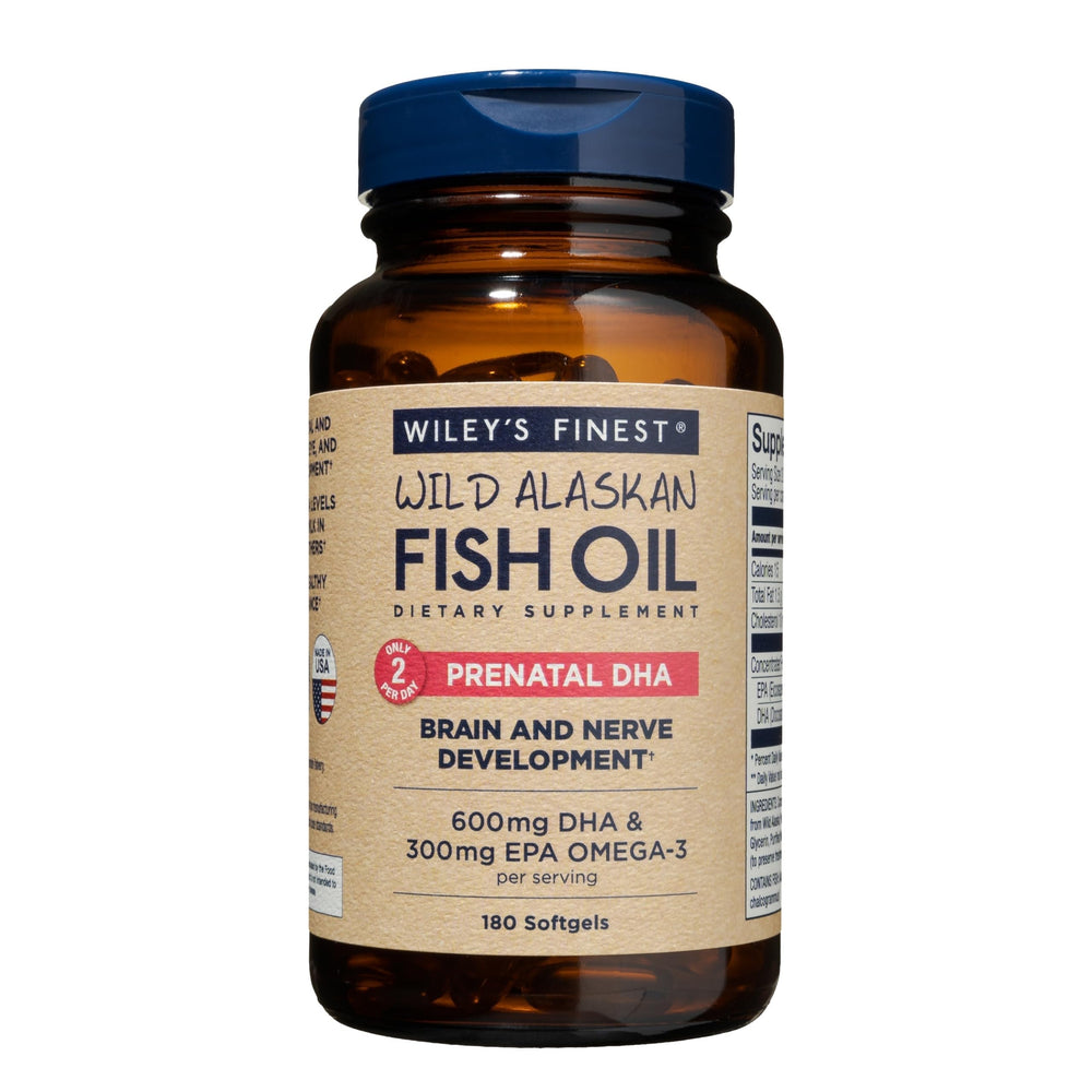 Wiley's Finest Prenatal DHA bottle front, USA-made omega-3 for expectant moms.