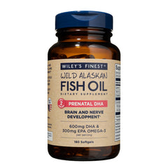 Wiley's Finest Prenatal DHA bottle front, USA-made omega-3 for expectant moms.
