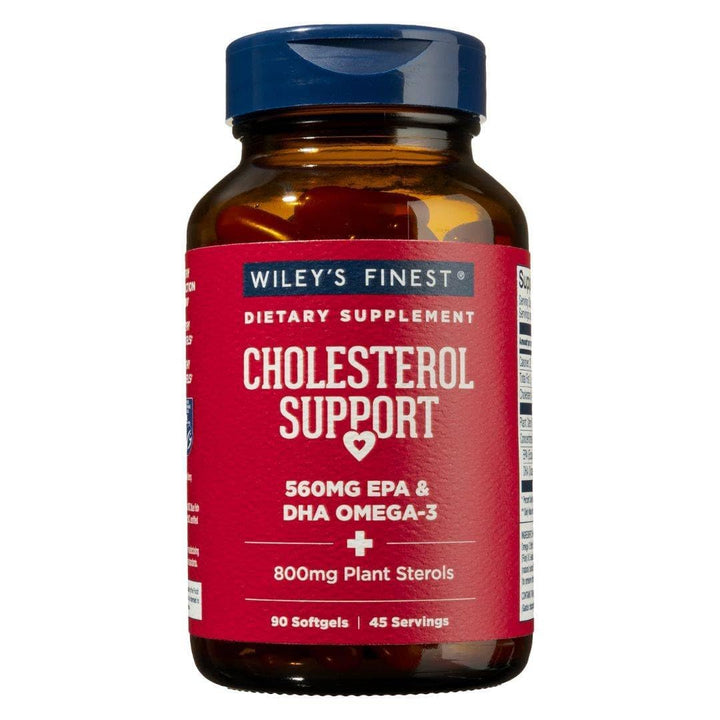 Wiley's Finest bottle close-up highlighting 560 mg EPA/DHA for cholesterol support