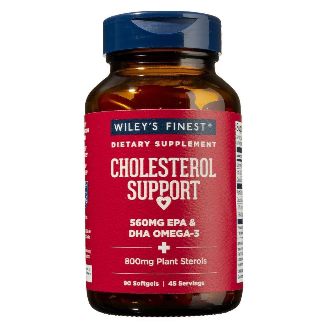 Wiley's Finest bottle close-up highlighting 560 mg EPA/DHA for cholesterol support
