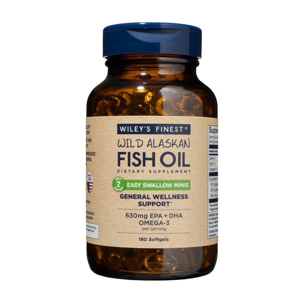 Wiley's Finest Easy Swallow Minis bottle pour showing convenient two-per-day dose.
