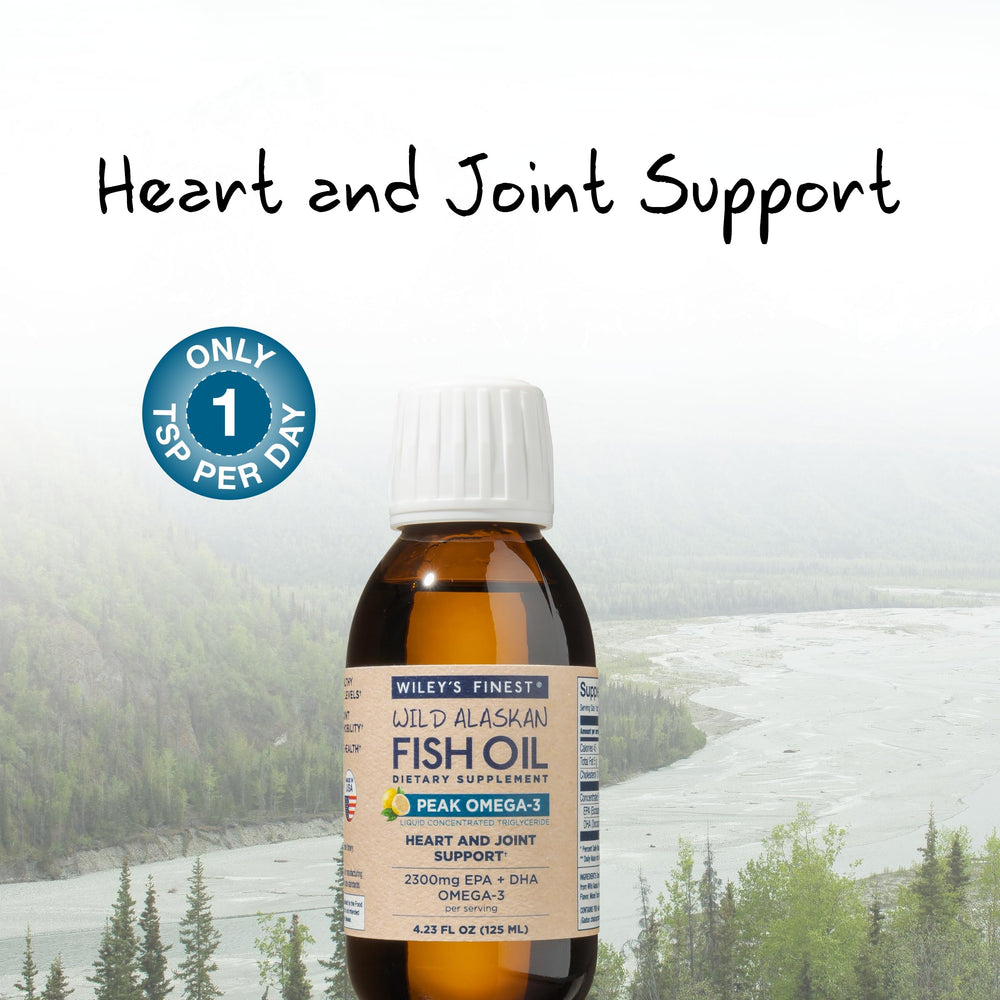 Wiley's Finest Wild Alaskan fish oil label shows purity and source.