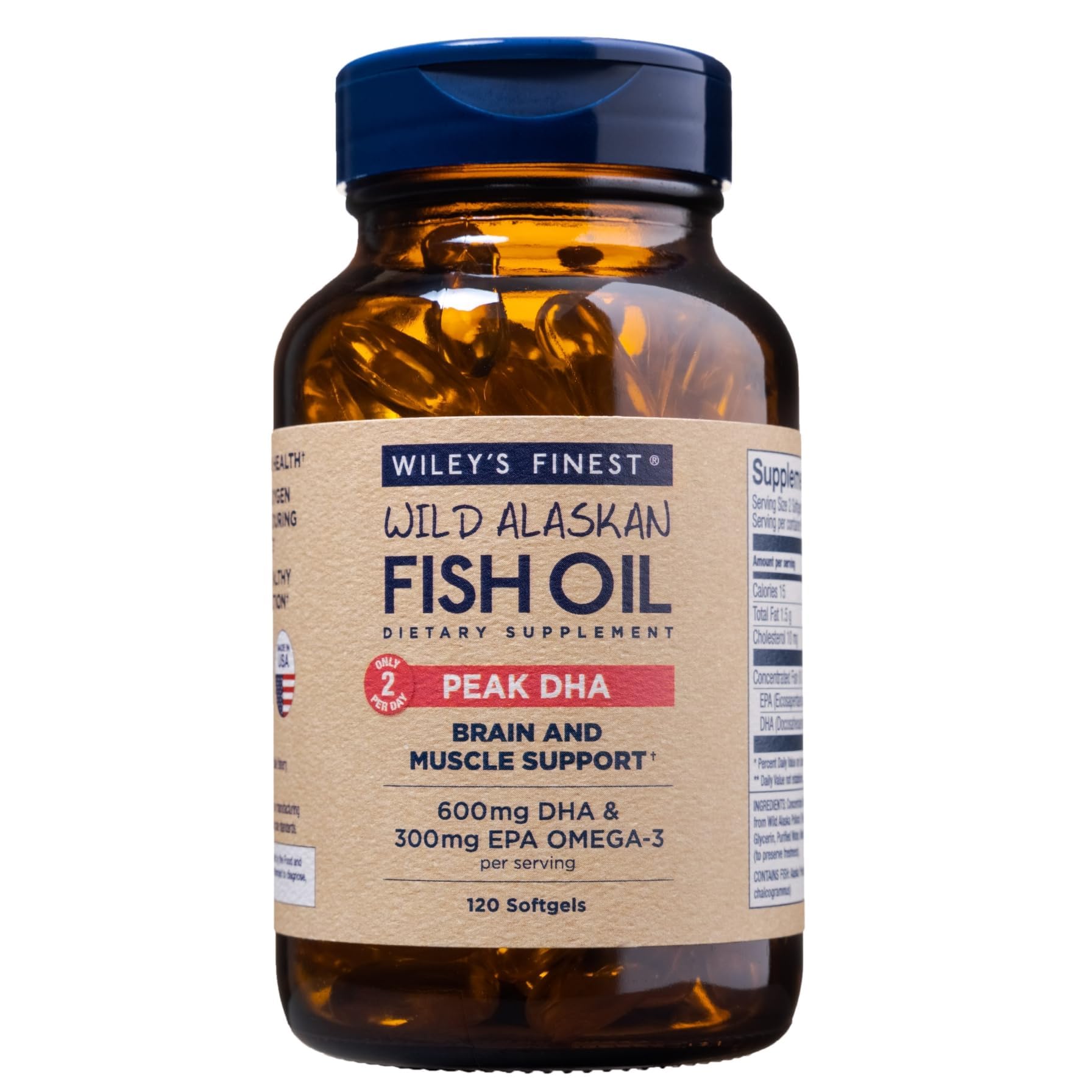 Wiley's Finest Peak DHA bottle label shows 900 mg omega-3 per serving.