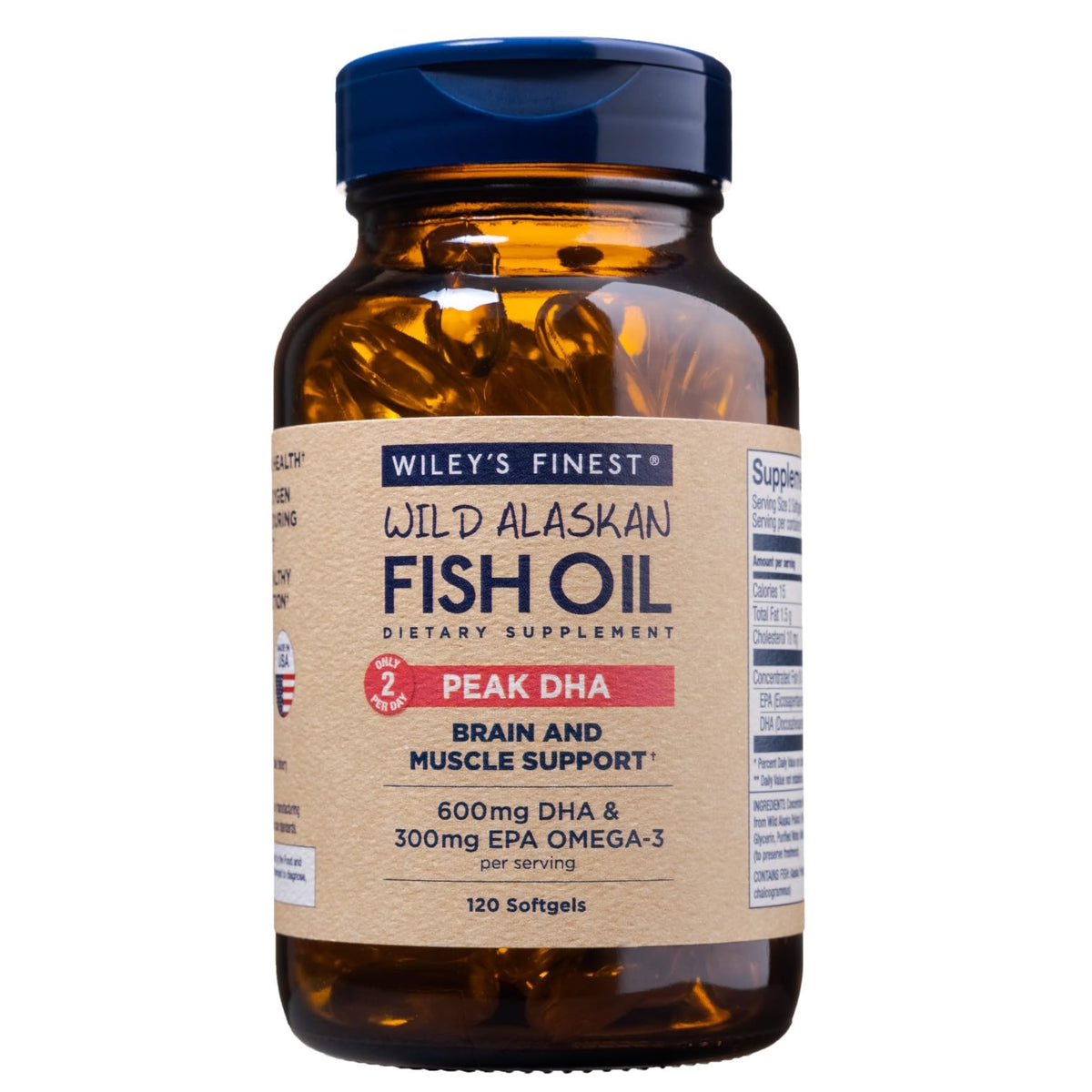 Wiley's Finest Peak DHA bottle label shows 900 mg omega-3 per serving.