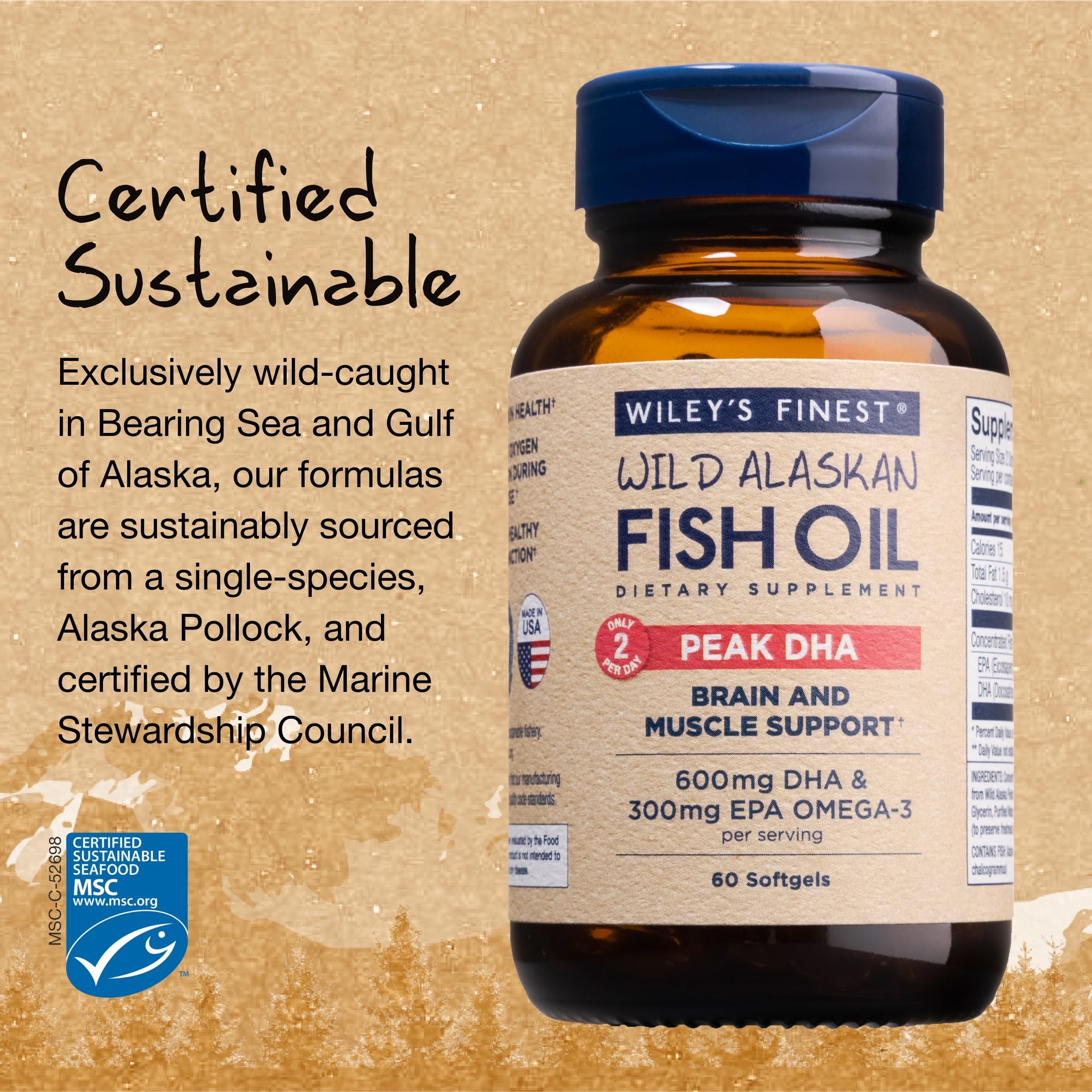 Sustainable wild Alaskan pollock source logo beside Wiley's Finest bottle.