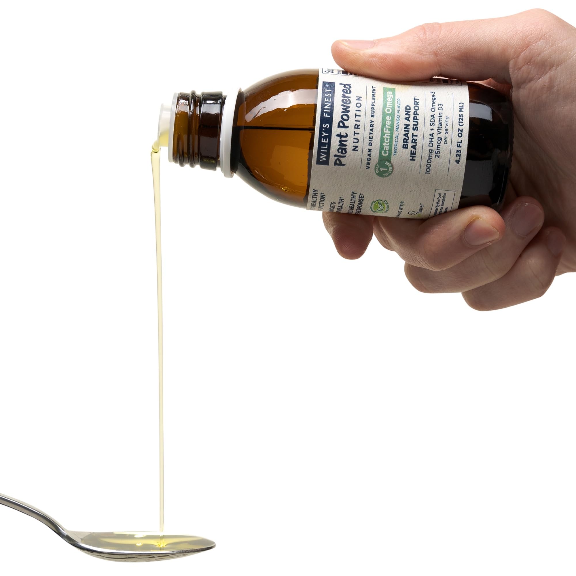 DHA omega-3 content emphasized in a transparent drop of tropical liquid