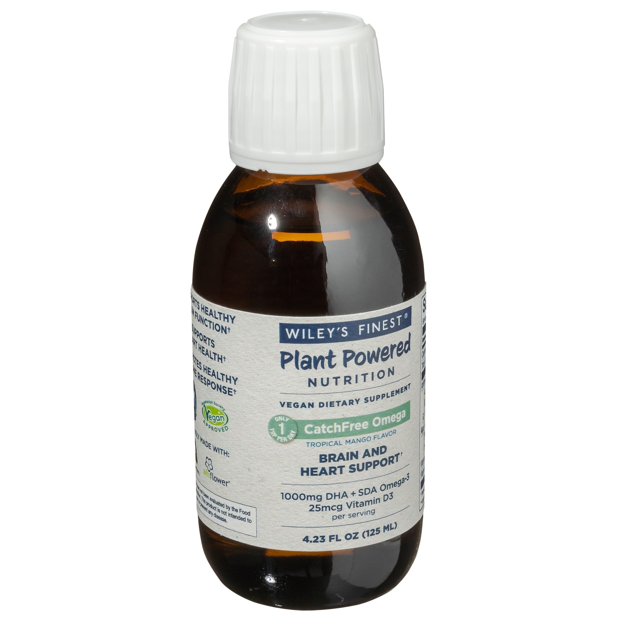 Mango-flavored label close-up highlighting vitamin D3 and omega-3 content for bone support