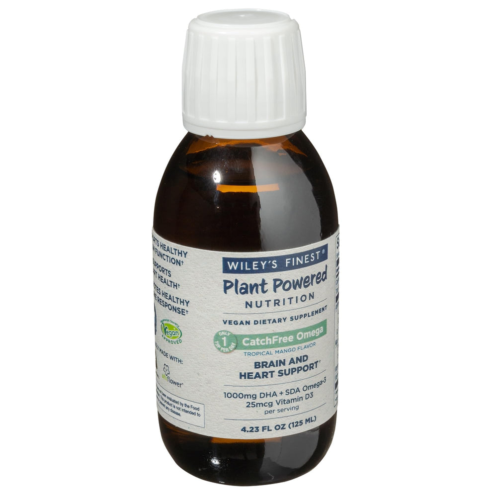 Mango-flavored label close-up highlighting vitamin D3 and omega-3 content for bone support