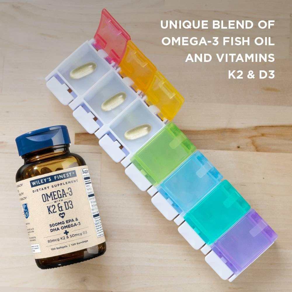 K2 and D3 boost on the Wiley's Finest softgel label for bone and immune health use