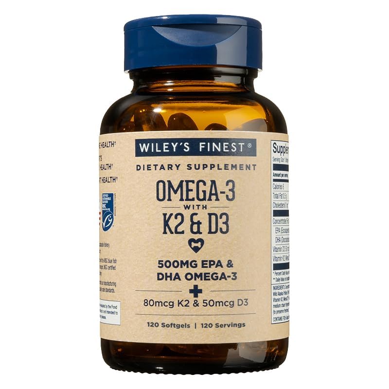 Wiley's Finest softgel bottle closeup showing omega-3 capsules for daily support