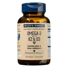 Wiley's Finest softgel bottle closeup showing omega-3 capsules for daily support