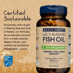 Wiley's Finest wild Alaskan fish oil label highlighting EPA and DHA potency