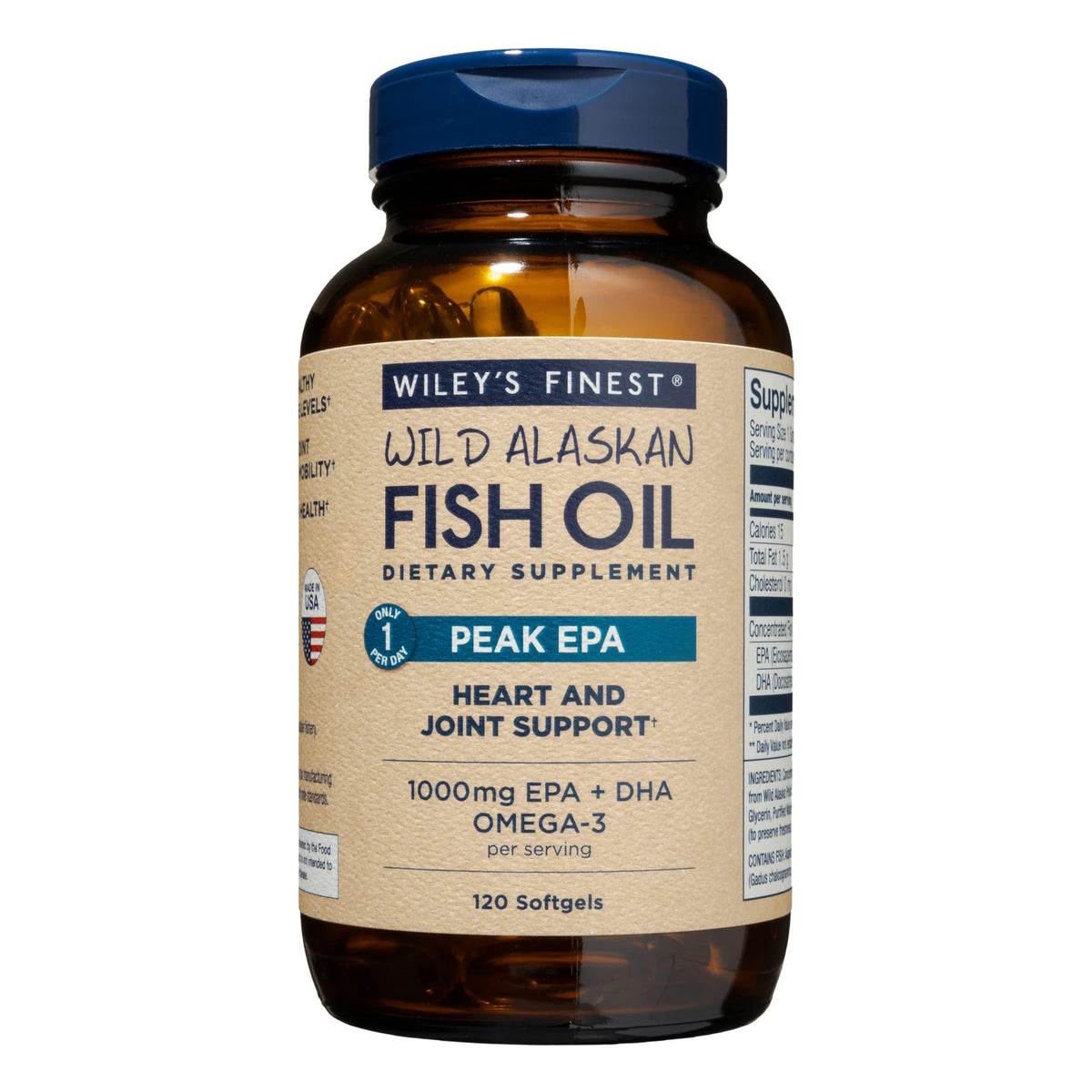 Wiley's Finest Peak EPA softgel bottle front, supports daily omega-3 intake