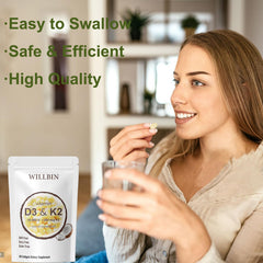 Willbin vitamin d3 k2 softgels closeup highlights smooth capsules and easy swallowing.