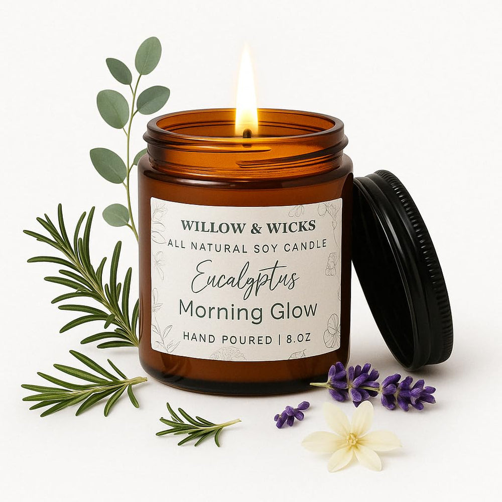 Willow & Wicks Eucalyptus Morning Glow in amber jar with energizing fragrance to sharpen focus.