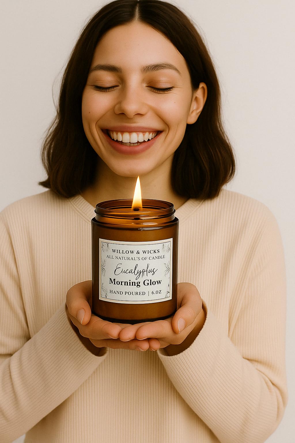 Close-up of Willow & Wicks label on amber jar showing clean-burning soy wax.