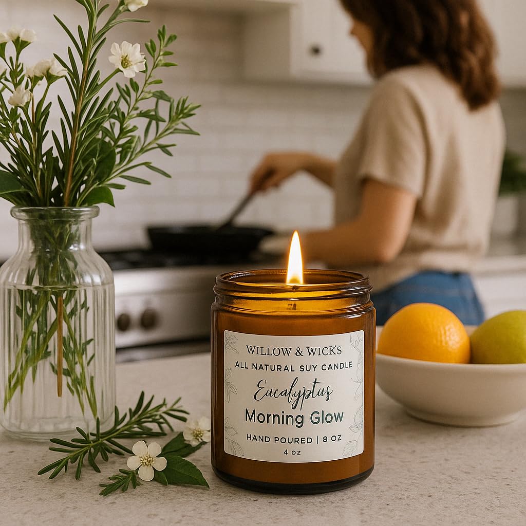 Willow & Wicks Eucalyptus Morning Glow in matte green jar offers refreshing herbal scent for mood lift.
