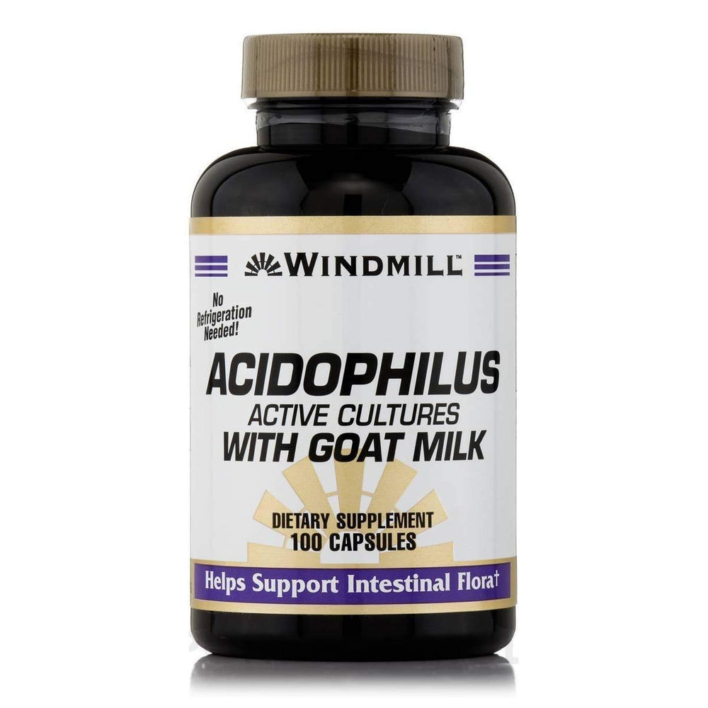Windmill Acidophilus Goat Milk bottle with 100 capsules for daily probiotic support