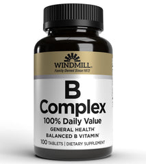 Windmill B Complex bottle front showing 100% DV B vitamins for daily energy.