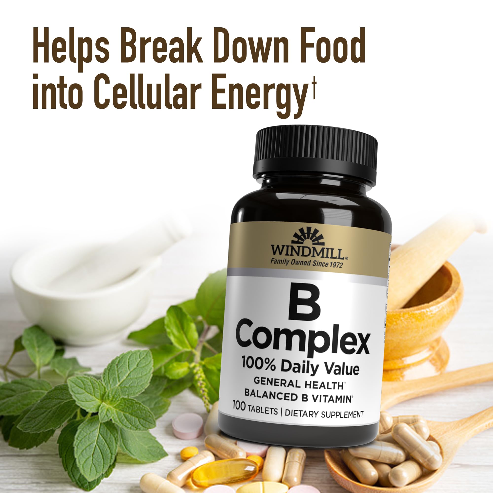 Windmill B Complex label detail emphasizing vegan, gluten-free, non-GMO attributes.