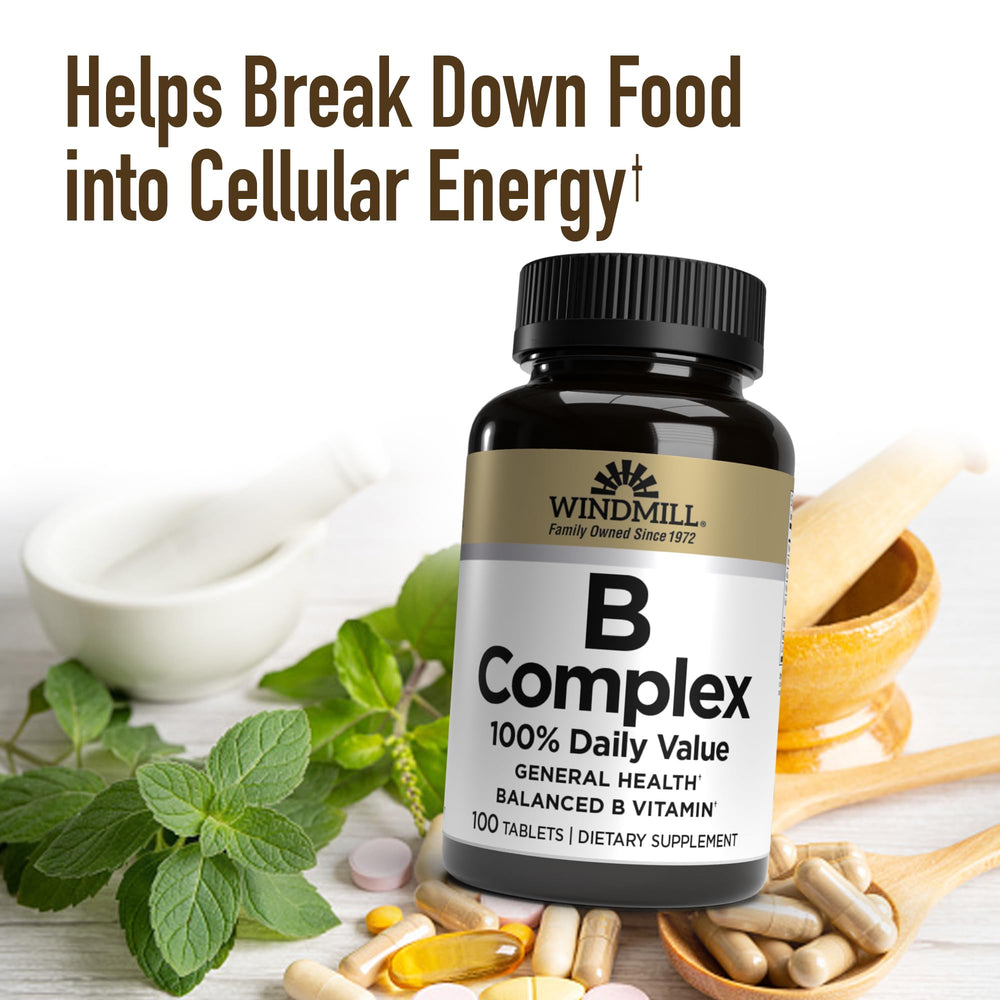 Windmill B Complex label detail emphasizing vegan, gluten-free, non-GMO attributes.