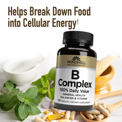 Windmill B Complex label detail emphasizing vegan, gluten-free, non-GMO attributes.