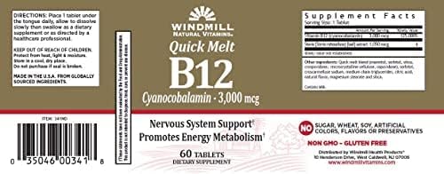 Windmill B-12 Quick Melt tablets in pack display showing non-GMO and gluten-free attributes.