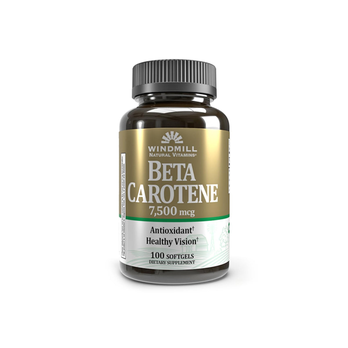 Windmill Beta Carotene softgels bottle front, supports daily antioxidant wellness.