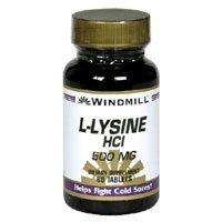 Windmill L-Lysine 500 mg tablet showing vegan, non-GMO amino acid for daily protein support