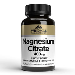 Windmill Magnesium Citrate 400mg bottle front; supports daily muscle and nerve function.
