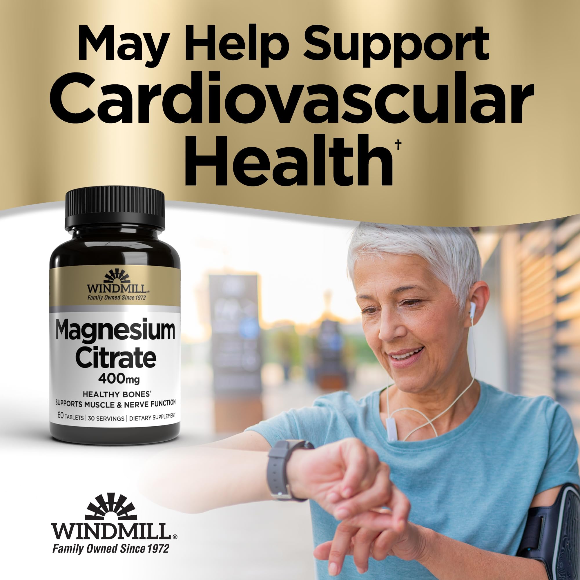 Windmill Magnesium Citrate tablets closeup; highlights highly absorbable citrate form for better absorption.