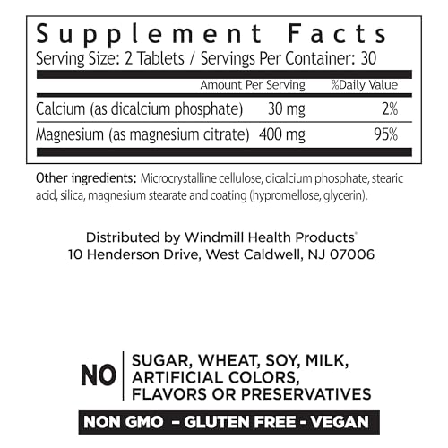 Windmill Magnesium Citrate two-tablets serving; convenient daily magnesium intake for routine wellness.