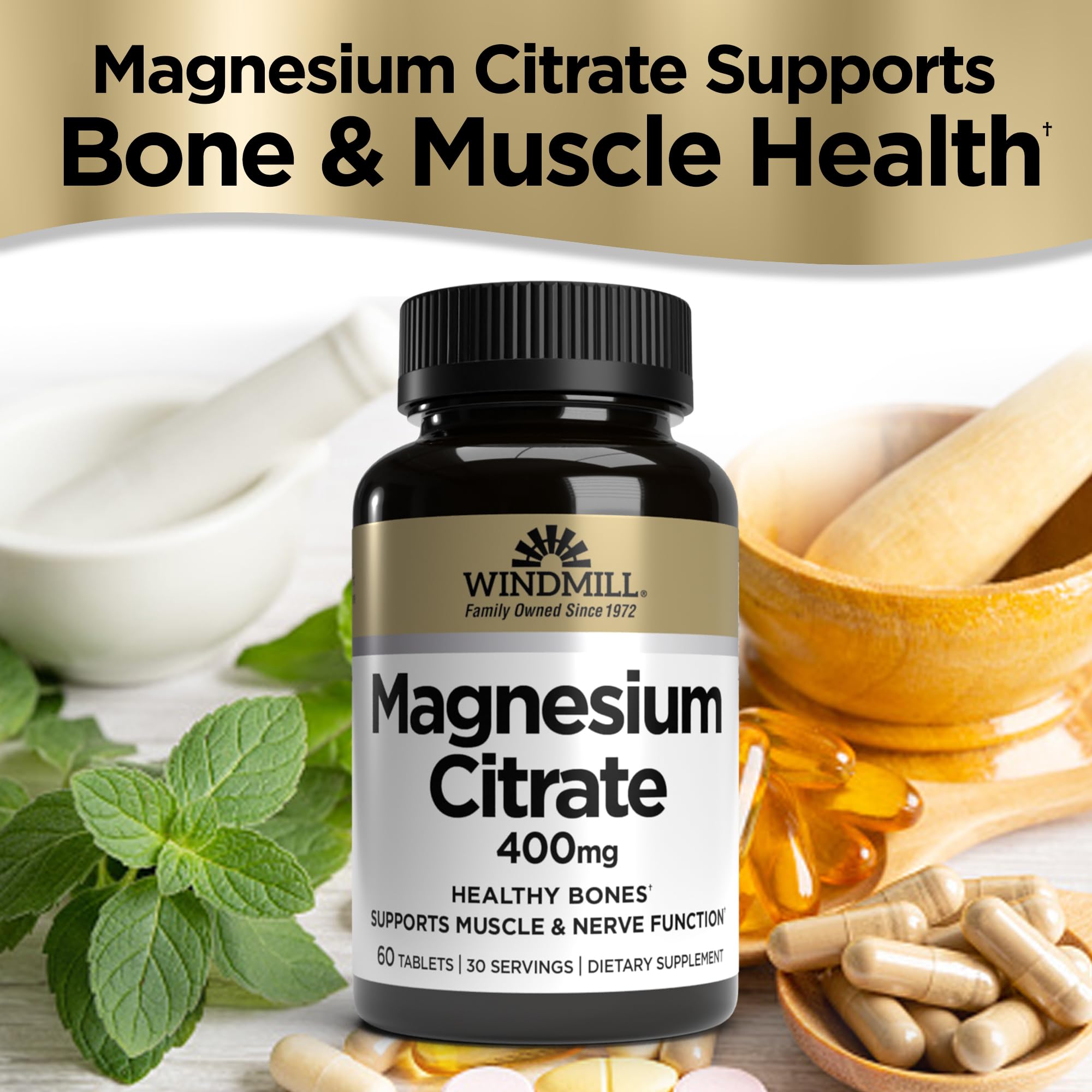 Windmill Magnesium Citrate vegan non-GMO gluten-free label; supports lifestyle-conscious choices.