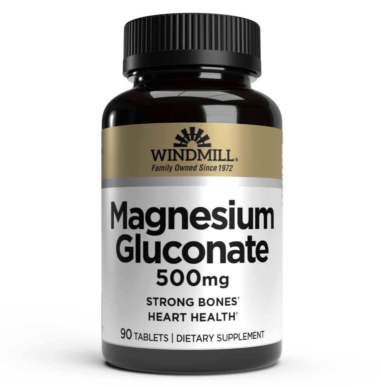 Windmill Magnesium Gluconate 500 mg tablet bottle for bone support.