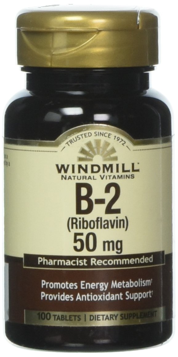 Windmill VIT B-2 tablets bottle front view, 100-count packaging, energy support option
