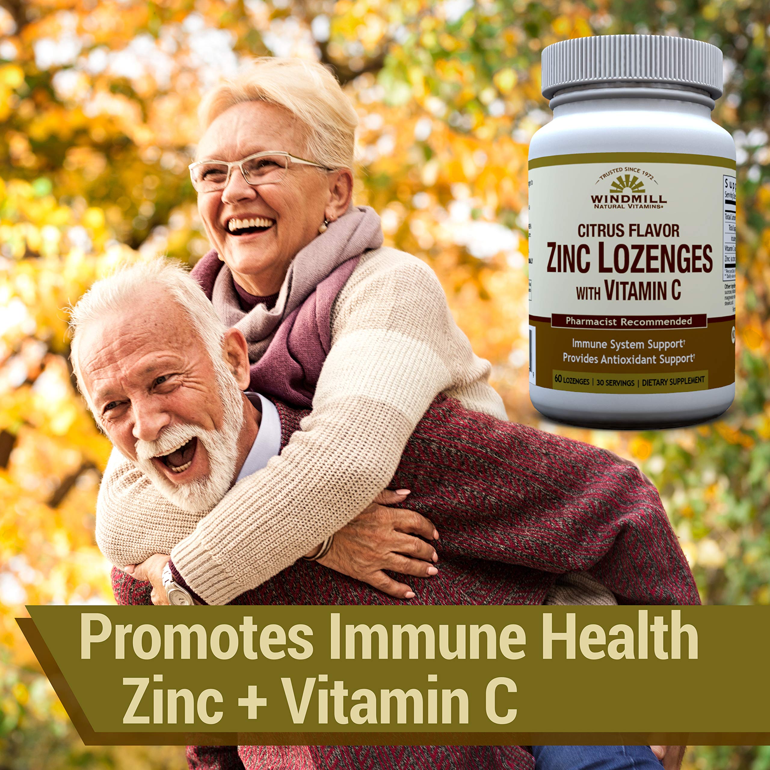 Windmill Zinc Lozenges vitamin C ingredients close-up with zinc citrate.