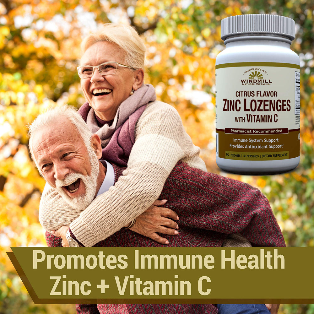 Windmill Zinc Lozenges vitamin C ingredients close-up with zinc citrate.