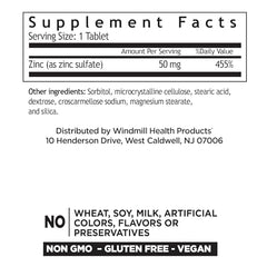 Windmill Zinc Sulfate bottle side view with label details and vegan gluten-free claims