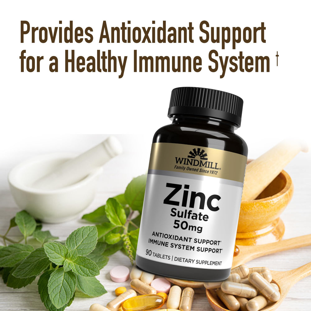 Windmill Zinc Sulfate bottle label shows nutrition and ingredient details