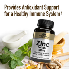 Windmill Zinc Sulfate bottle label shows nutrition and ingredient details