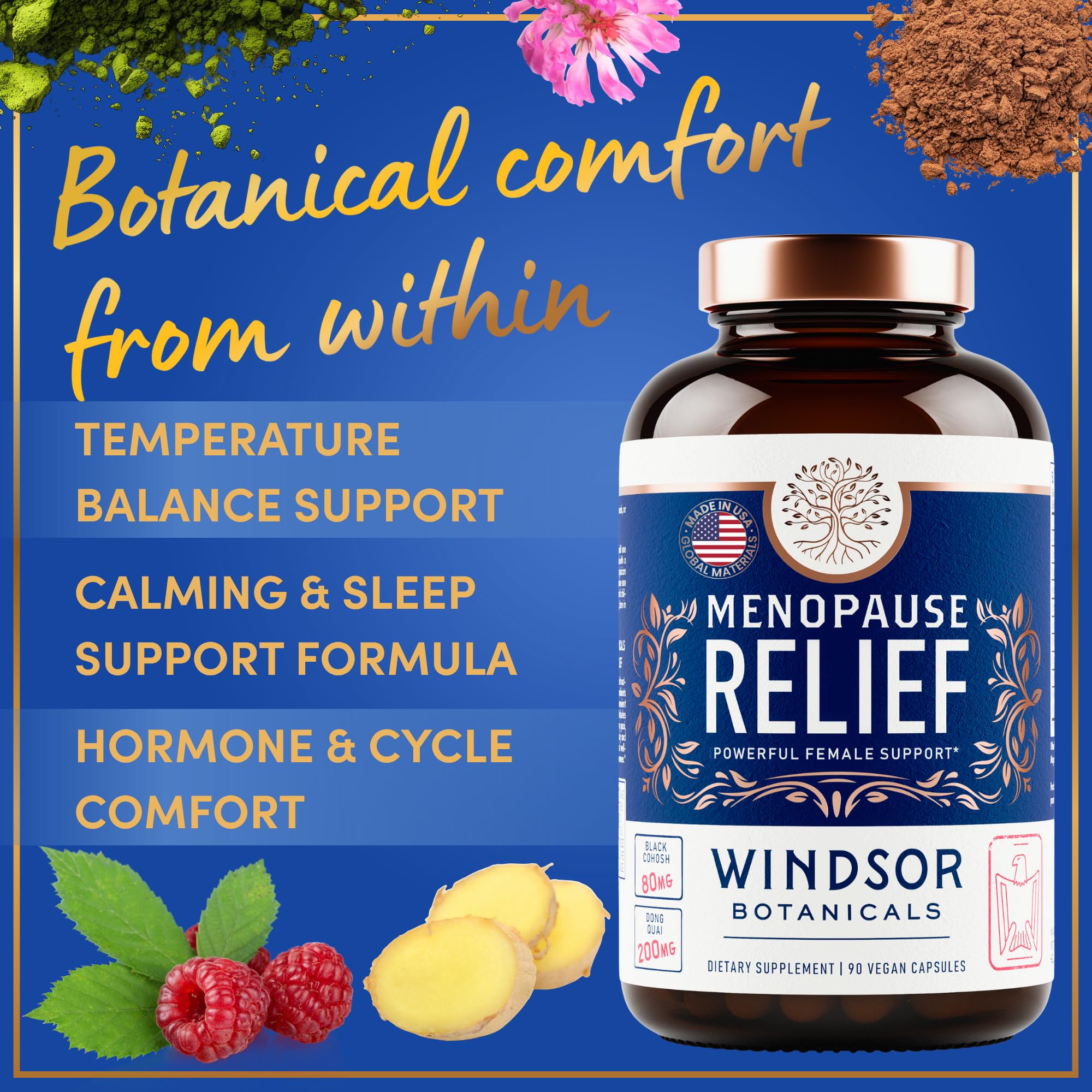 Windsor Botanicals 5-HTP-Dong-Quai-Black-Cohosh capsules — blends designed for mood and sleep support.