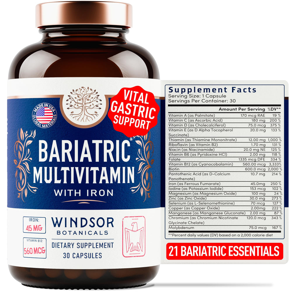 WINDSOR BOTANICALS bariatric multivitamin bottle for post-surgery nutrition.