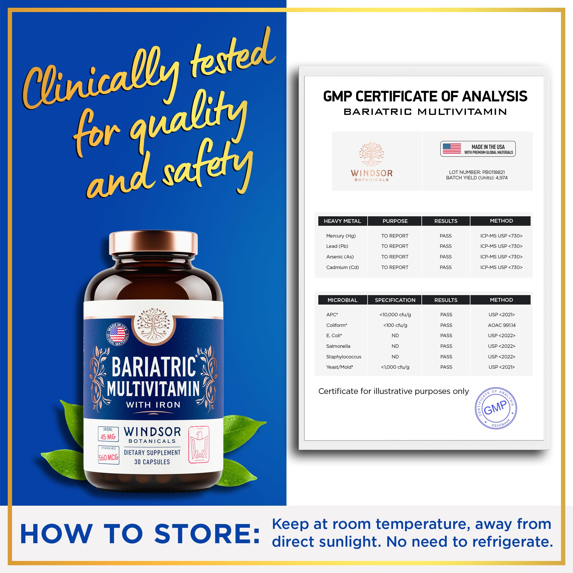 WINDSOR BOTANICALS USA-made bariatric multivitamin bottle.