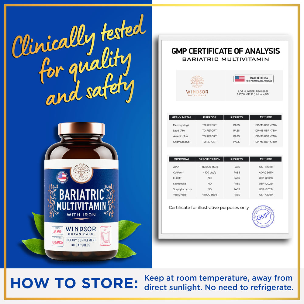 WINDSOR BOTANICALS USA-made bariatric multivitamin bottle.